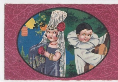 AK Fantasie KOMÖDIE DER KUNST. COLOMBINE & PIERROT spielt Gitarre.Geschrieben