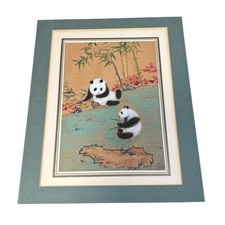 Vintage Panda Bear Painting Bamboo Original Art Signed Matted Asian Silk 8x10