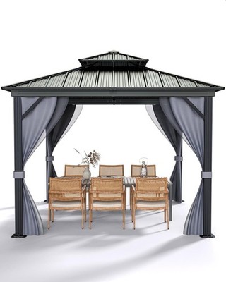 12x12 FT Hardtop Gazebo Steel Frame Double Roof w/ Netting Curtain Outdoor Yard
