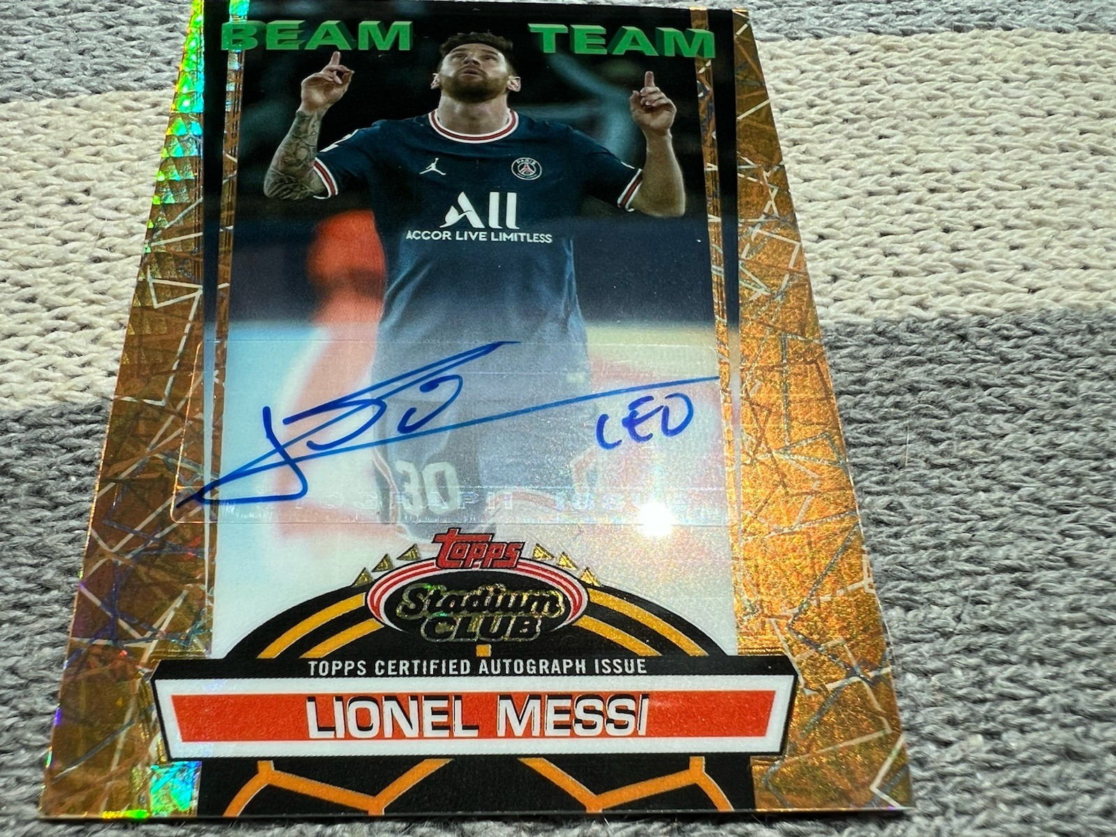2021 Topps Stadium Club Chrome Lionel Messi, Beam Team, Orange 1/25 Auto, Read** view 4