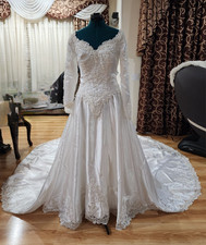 Vintage White Satin Beaded Lace Train Long Sleeve Wedding Dress Gown Size 10