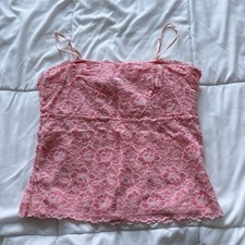 Vintage 90s Womens Medium Pink Floral Lace Cami Top Feminine Dainty Coquette