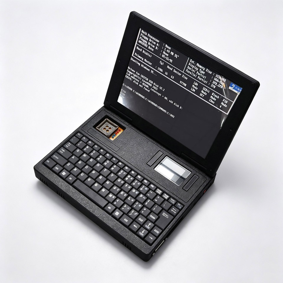 A fully functional vintage handheld 386SX PC — a palm-sized DOS computer that's equal parts working relic and conversation piece.
