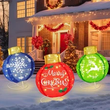3 Large Outdoor Pop-up LED Lights Xmas Ball Ornament with Base - Merry Christ...