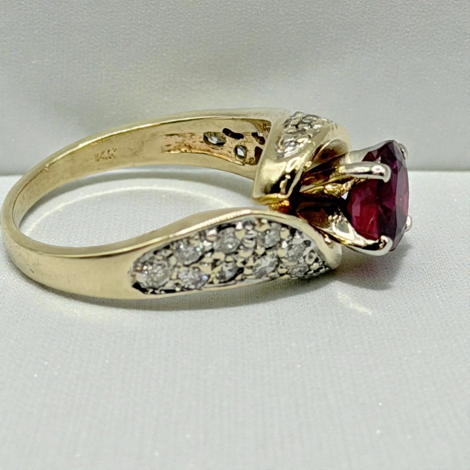Solid 14K Yellow Gold Ruby Ring with 24 Diamond A… - image 6