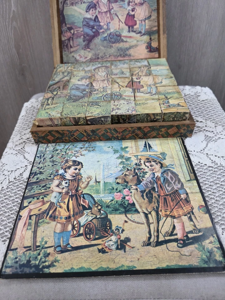 Antique Wood Block Puzzle 6-in-1 Picture Cubes Victorian w/ Box 5 Guide Sheets - Image 3 of 4