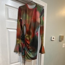 Women Multicolor Abstract Mesh Crew Neck Long Sleeve Ruched Bodycon Mini Dress S