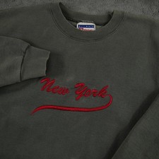 Vintage Hanes Sweatshirt Mens XL Gray New York Embroidered Faded Worn Crewneck