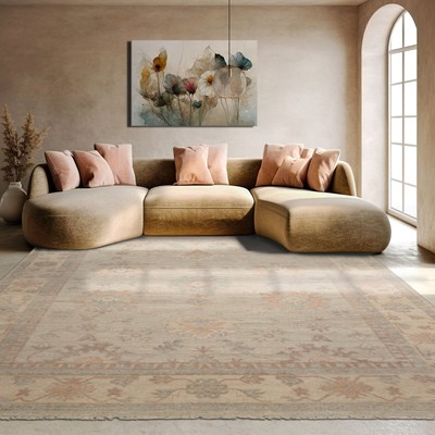 LoomBloom 9'x12' Beige Hand Knotted Afghan Oushak Traditional All-Over Wool Rug
