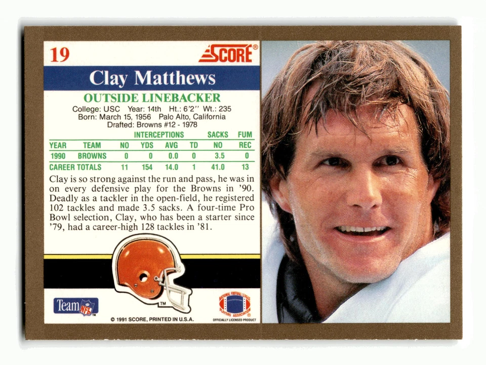 Clay Matthews 1991 Score #19 Cleveland Browns Centered Mint to Gem - Image 2 of 2