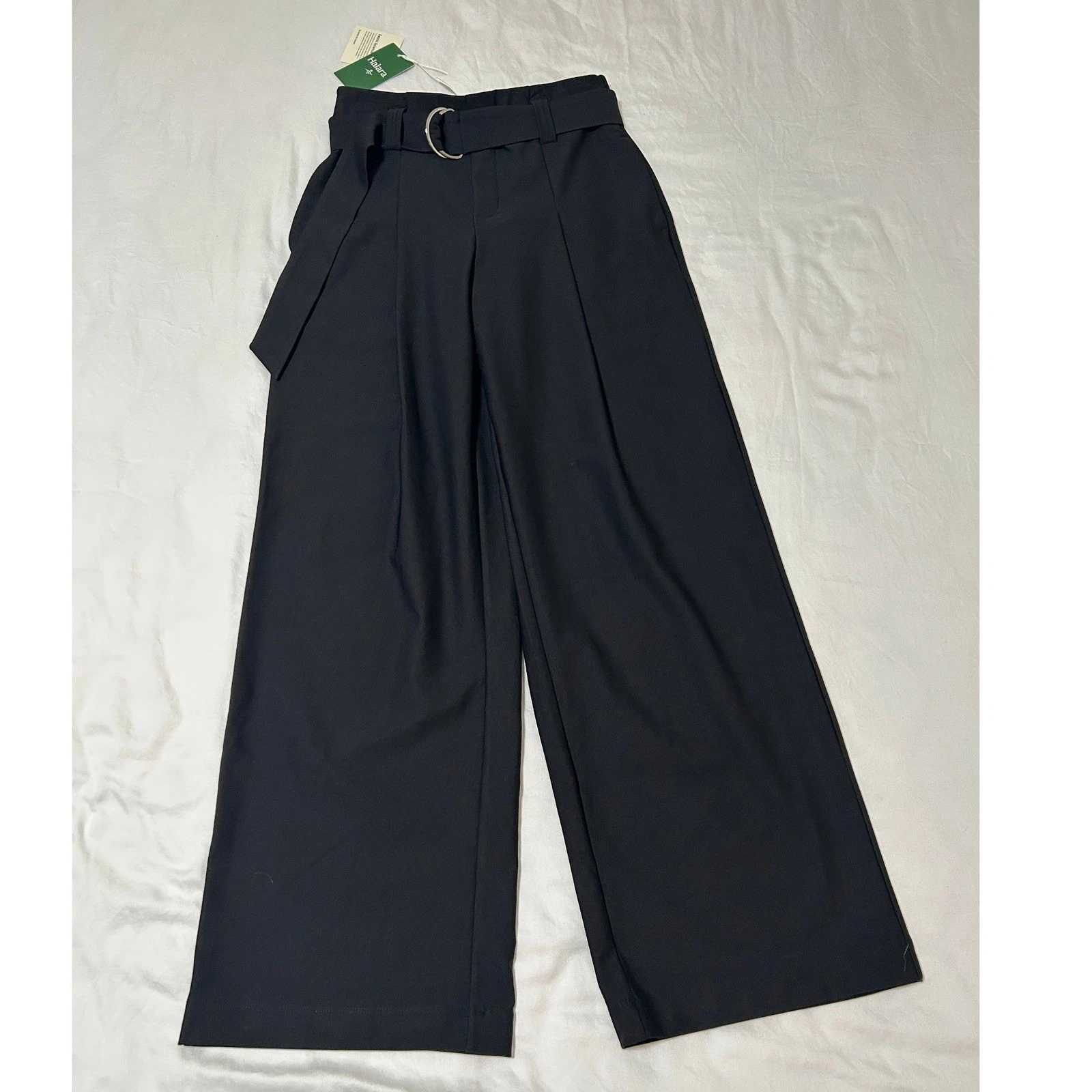 Halara Womens Black Wide Leg Belted Dress Pants High Waisted Pleated Trousers S