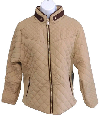 Royalty For Me Quilted Jacket Woman's Small Faux Fur Lined Beige Full Zip Coat
