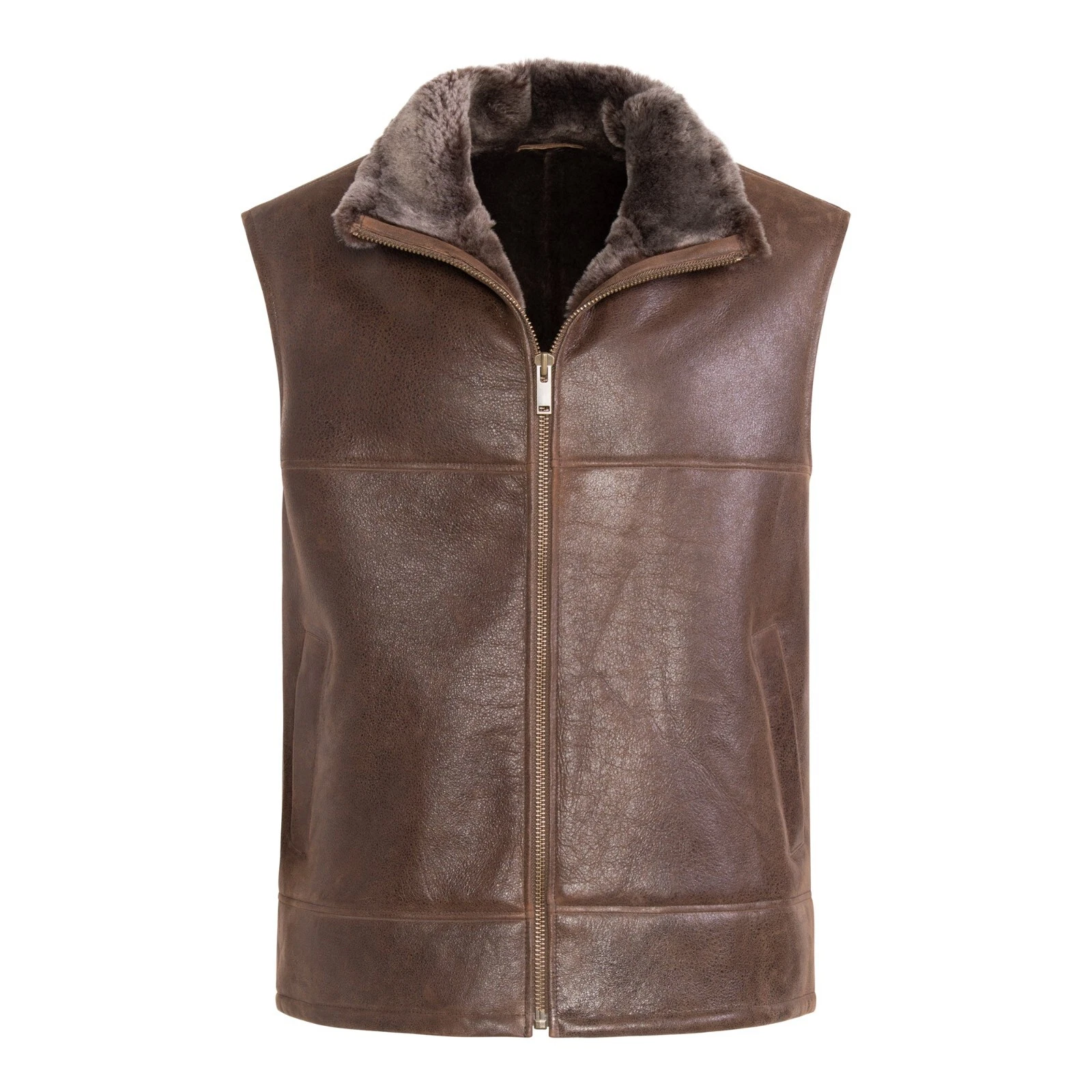 Men's Brown Real Sheepskin WaistCoat Genuine Shearling Leather Vest