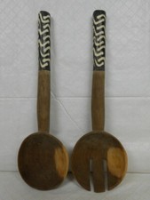 Carved Wooden Spoon and Fork Salad Server Set with Painted Bone Handles - 12"