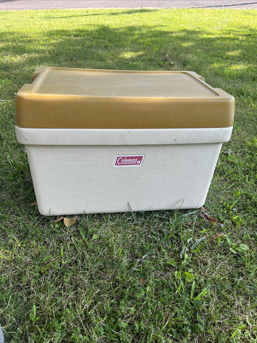 VTG 70s Coleman Cooler Almond Color Mustard Yellow Lid Metal Snap