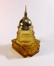Vintage The US Capital Building Amber Glass Bottle Gold Plastic Top Empty Avon
