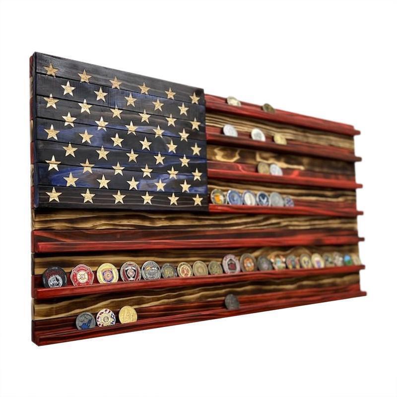 Vintage American Flag Solid Wood Coin Display Holder Rack Challenge Wall Mounted