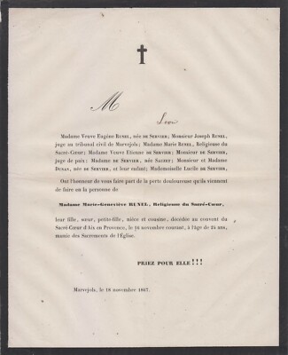1867 Sterbeurkunde Marie-Geneviève RUNEL, Ordensfrau - Montpellier (Hérault).