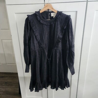 much love black swiss dot long sleeve tie-front mini dress Cleobella Anthropologie Black Swiss Dot Mini Long Sleeve Tie Waist Dress  Medium