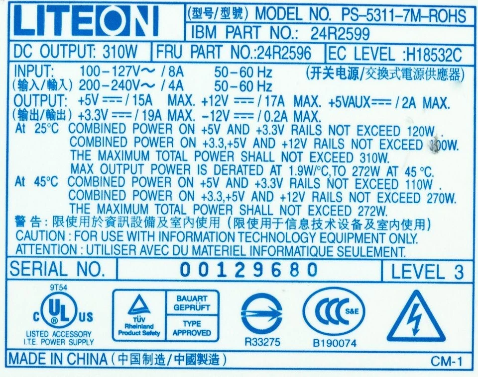 Power Supply Liteon IBM 24R2596 24R2599 310WATT PS-5311-7M-ROHS 24-PIN 2xMOLEX - Image 3 of 3