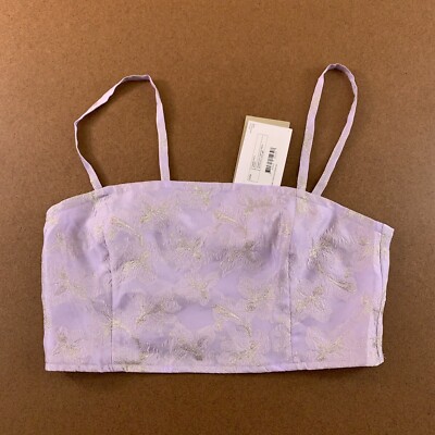 Monki Womens Size Medium Lilac Shimmer Floral Sleeveless Smocked Crop Top NWT