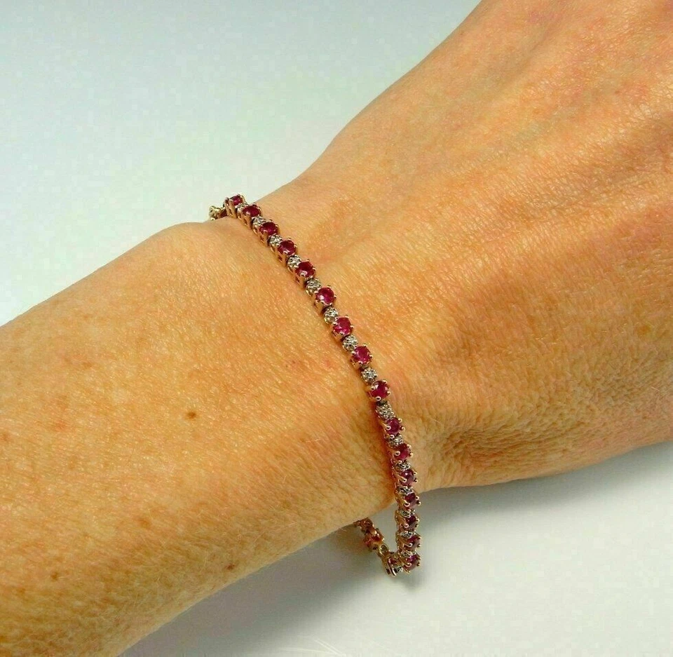 14K Yellow Gold Over 5.00 Ct Round Cut Red Ruby & Diamond Tennis Bracelet - Image 2 of 4