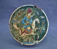 Antique Islamic Ceramic Indo Persian Tile Painted with Muslim Polo Player