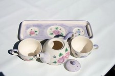 Tea For Two Tea Set Purple Floral Rose Pattern With Tray Tea Pot and Two Cups