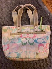 Vintage Coach Pastel Scribble Logo Square Shoulder Purse Leather trim