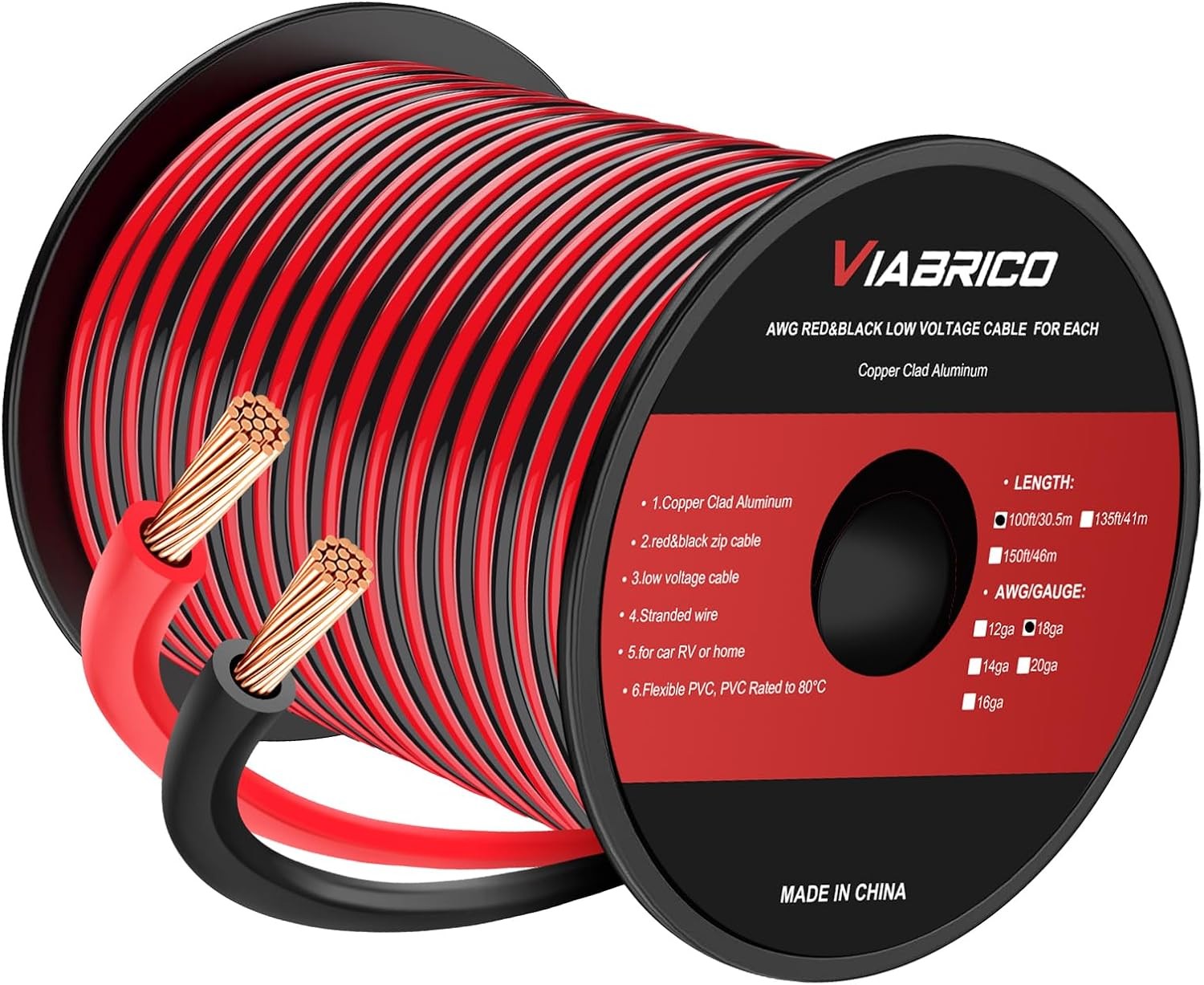 100ft 18 AWG Electrical Wire Red Black 12V DC 2 Conductor Stranded CCA Low