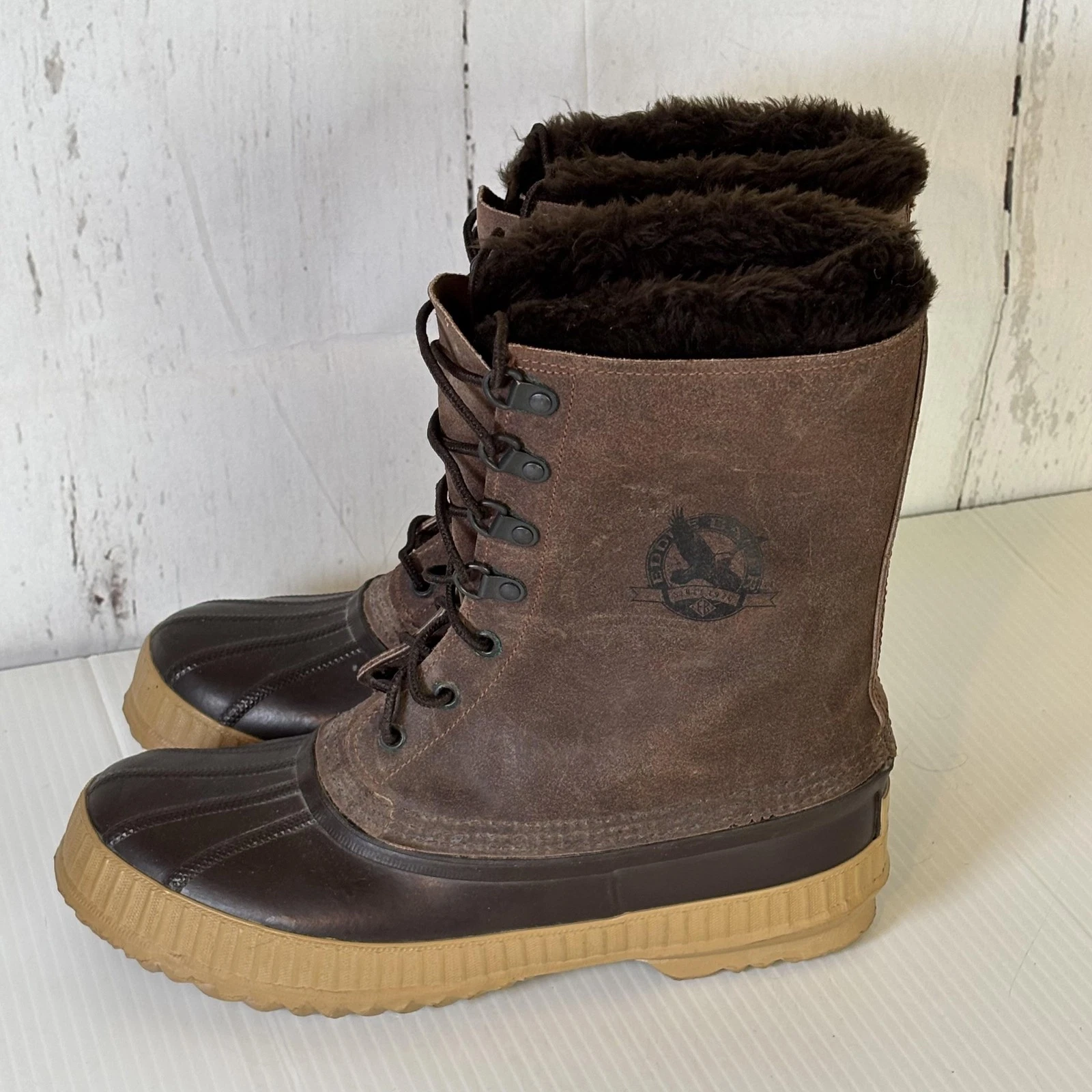 Vintage Eddie Bauer Snow Boots Mens Size 8 Brown Leather Insulated Winter Canada