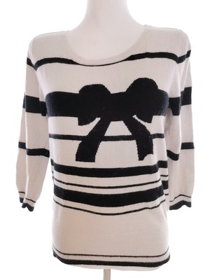 MONSOON Pullover für Damen Streifen Schleife Creme 40 3/4 Ärmel Baumwolle Runder