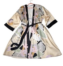VTG Yolande Satin Kimono Robe Sz Medium Floral Beige Pastel Colorful Made In USA