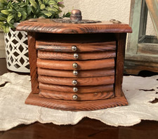 Vintage Wooden Cork Coasters 7 Mid Century Brass Modern Set Storage Box Holder