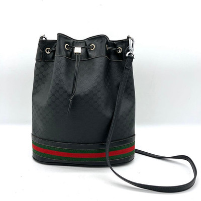 GUCCI Micro GG Canvas Drawstring Shoulder Bag Web Stripe Black 32x27cm Authentic