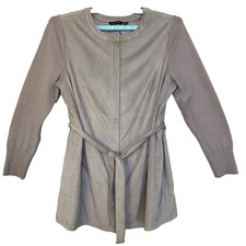 Taupe Faux Suede Women's Jacket 18W Belted Zip Knit Sleeves H by Halston