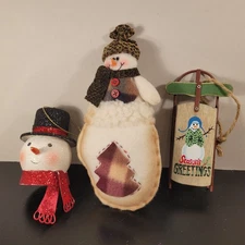 3 Assorted Snowman Themed Christmas Tree Ornaments. Glittery Head, Sled, Stuffed