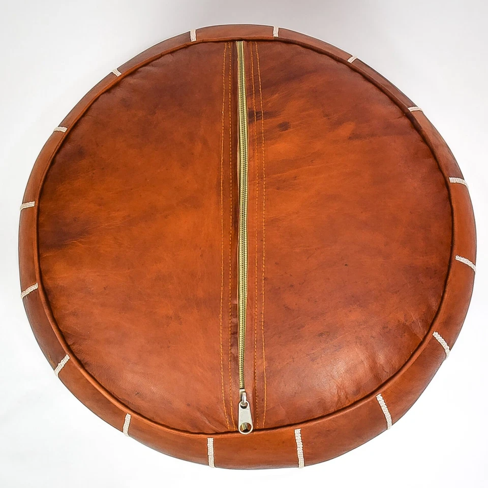 Pouf Rond Rotondi Marocain Cuir Véritable Fait Main – Marron (sans remplissage) - Photo 3/4