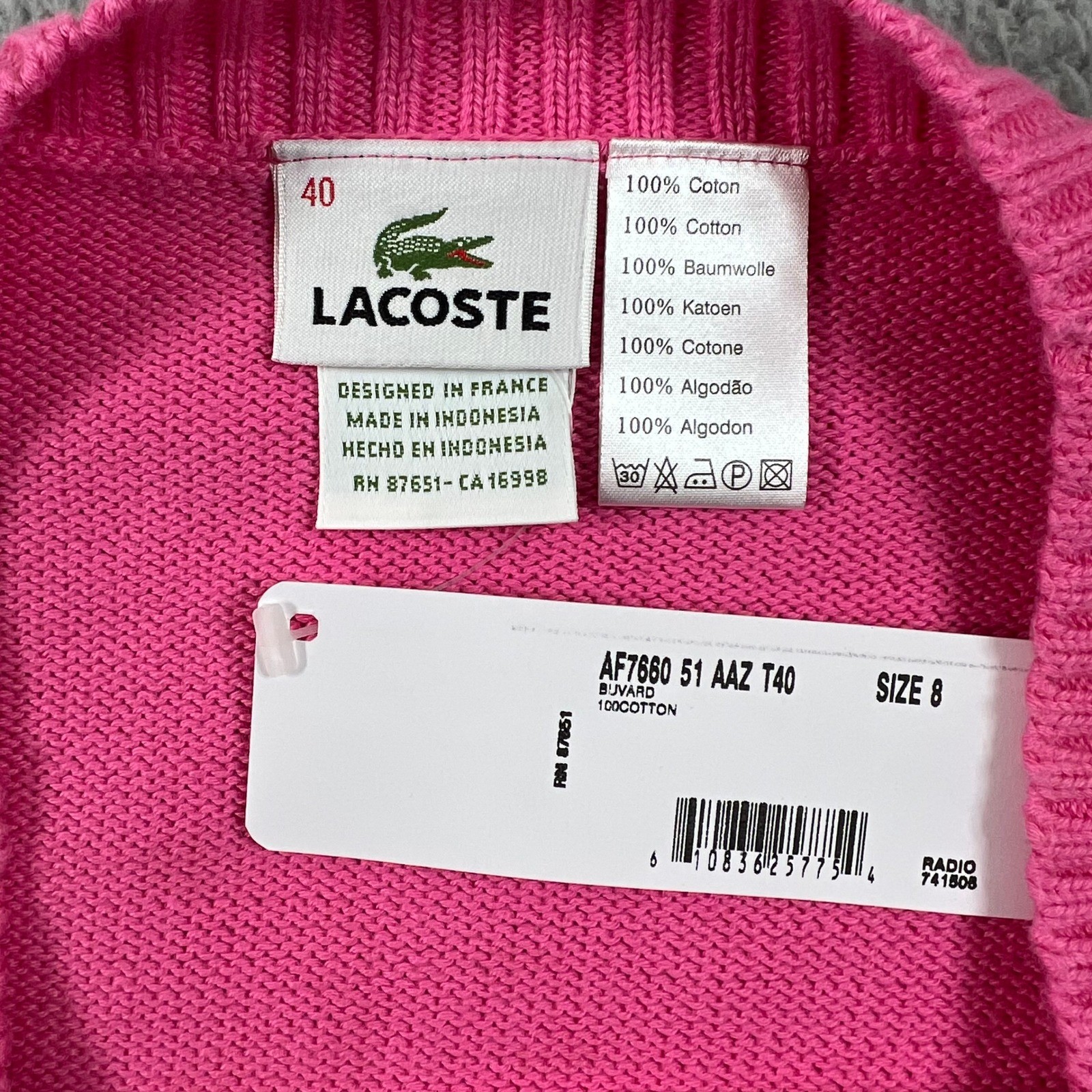 Lacoste Pink Cotton Croc Logo Long Sleeve Sweater Women Size M(US) / 8(EU) NWT thumbnail 5