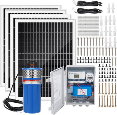 Solar Powered Well Pump Kit Submersible 4 Panels Battery Timer for Irrigation