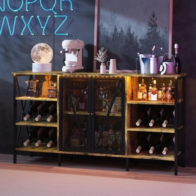 55'' Farmhouse Bar Cabinet W/ LED Lights, Wine Rack & Glass Holder, Metal Frame