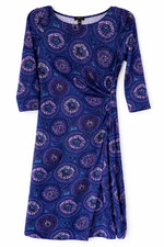 TALBOTS PETITE SP PURPLE BLUE FAUX WRAP RUCHED JERSEY MODEST WORK CAREER DRESS