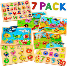 7 Pack Wooden Peg Puzzles for Toddlers Learning Toys Ages 2-5