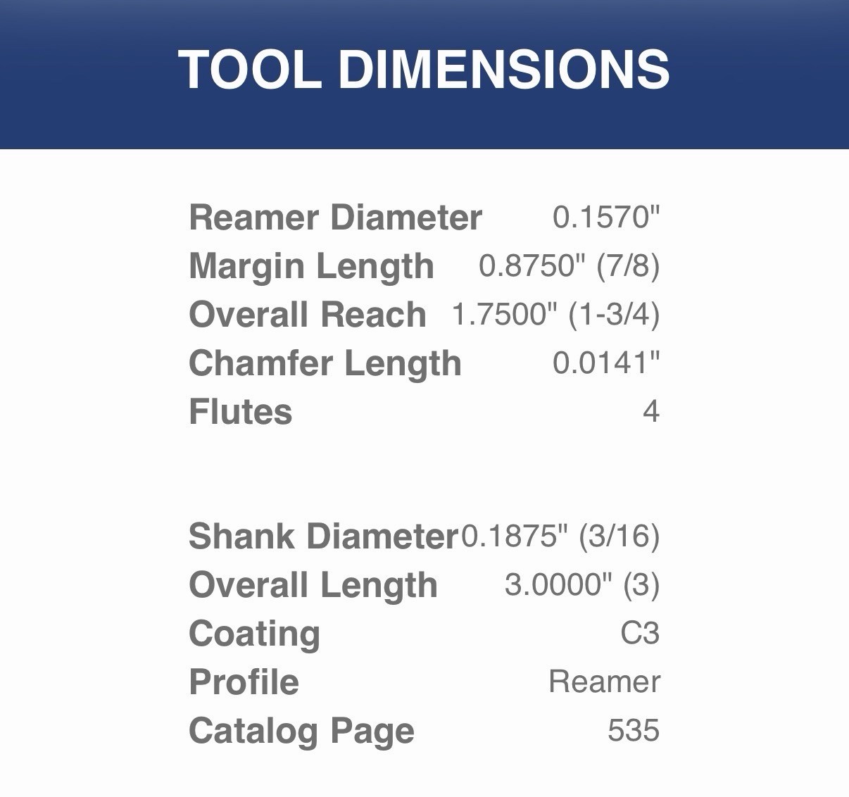 Harvey Tool .1570” (no. 22) Carbide Reamer 4fl AlTiN Coated 3/16” Shank