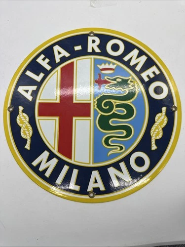 VINTAGE 12” ALFA ROMEO PORCELAIN DEALERSHIP SIGN GAS OIL FIAT GIULIA STELVIO CAR
