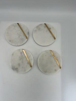 Cork & Mill Marble Coasters Set of 4  White Marble Gold Brass Bar Contemporary