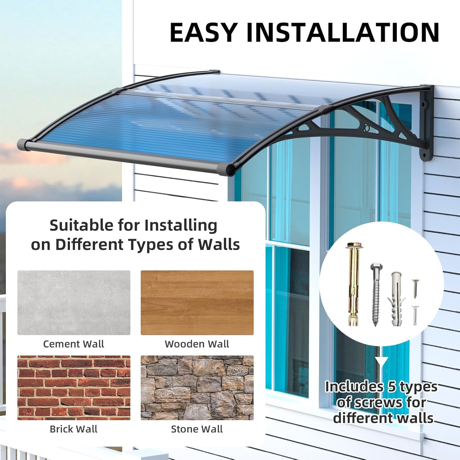 32"x120" Door Window Awning Polycarbonate Rain Resistant Outdoor Shade Shelter