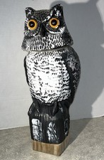 Fake Owl Decoy to Scare Birds Away, Head Rotates -Attached to Wood Platform-779