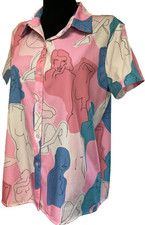 Abstract Femme Fatal Hot Pink  Blue Short Sleeve Blouse-US Size 8/10