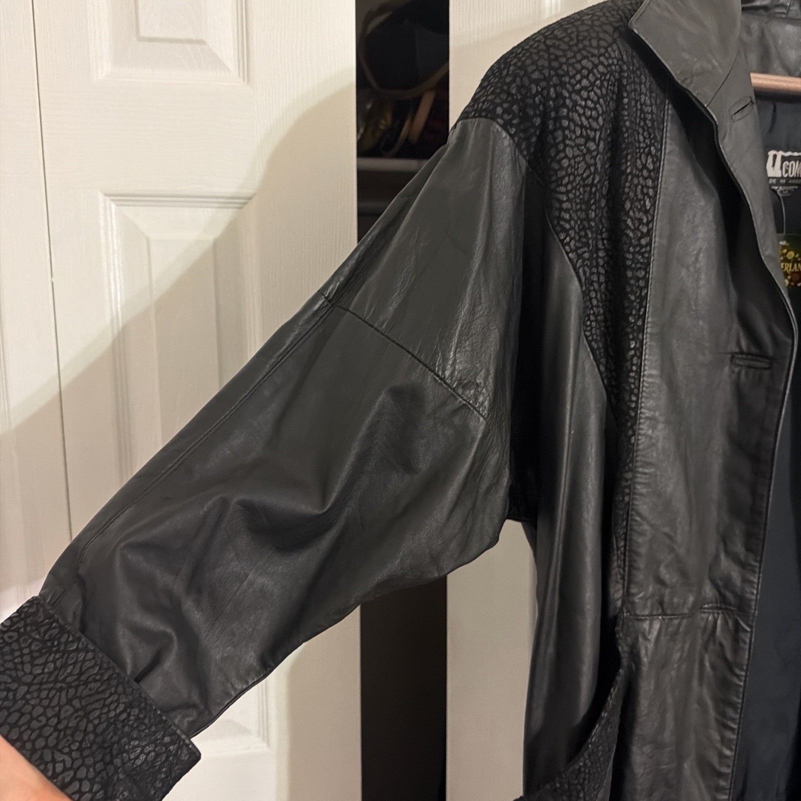 Commit Black Leather Textured Panels Long Overcoa… - image 4